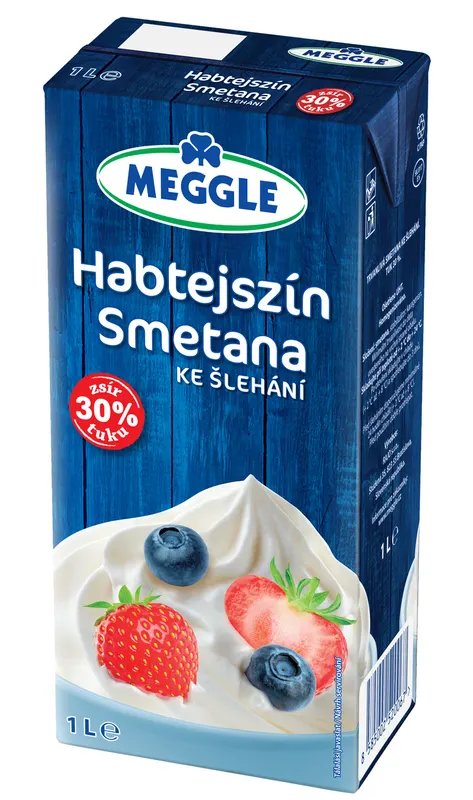 Smetana ke šlehání MEGGLE s 30% obsahem tuku v jednolitrovém UHT balení na pečení a zdobení dortů
