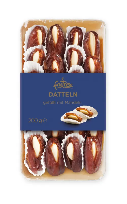 Datle plněné mandlemi v balení 200 g, sladká pochoutka a ozdoba na sváteční stůl