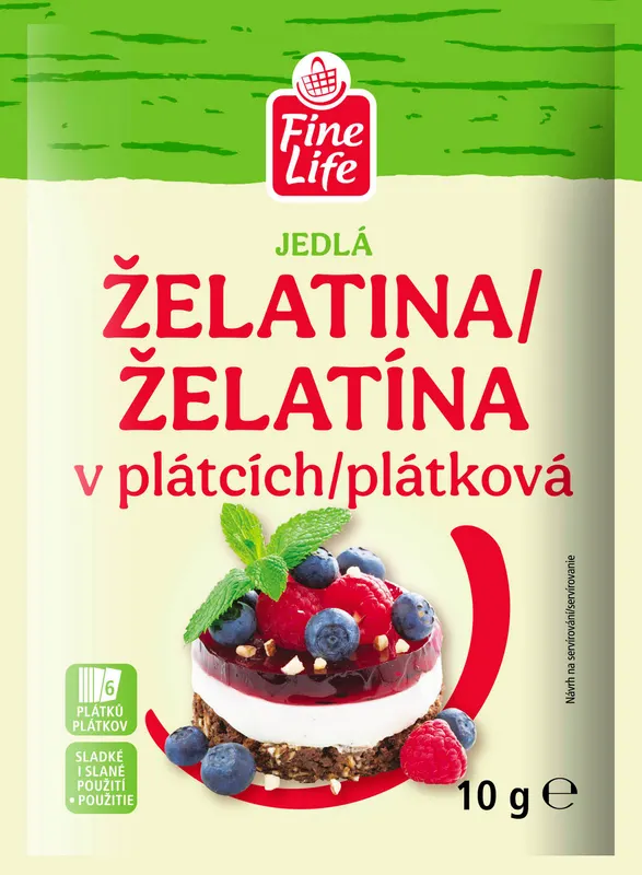 Fine Life želatina v plátcích, balení 10 g, vhodná na ztužení krémů, panna cotty a ovocných polev