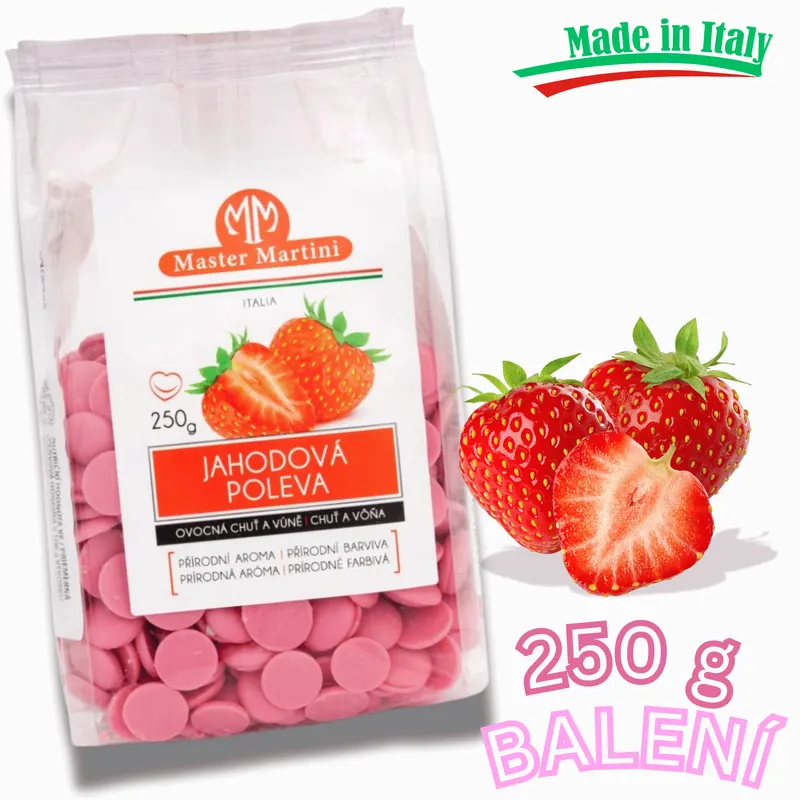 Jahodová poleva Master Martini v balení 250 g pro polévání a zdobení dortů, zákusků a sladkého pečiva