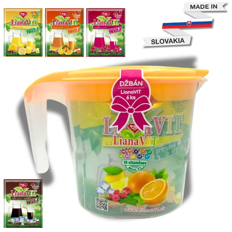 Vitamínové nápoje Liana VIT v prášku v různých příchutích s litrovým džbánem na přípravu