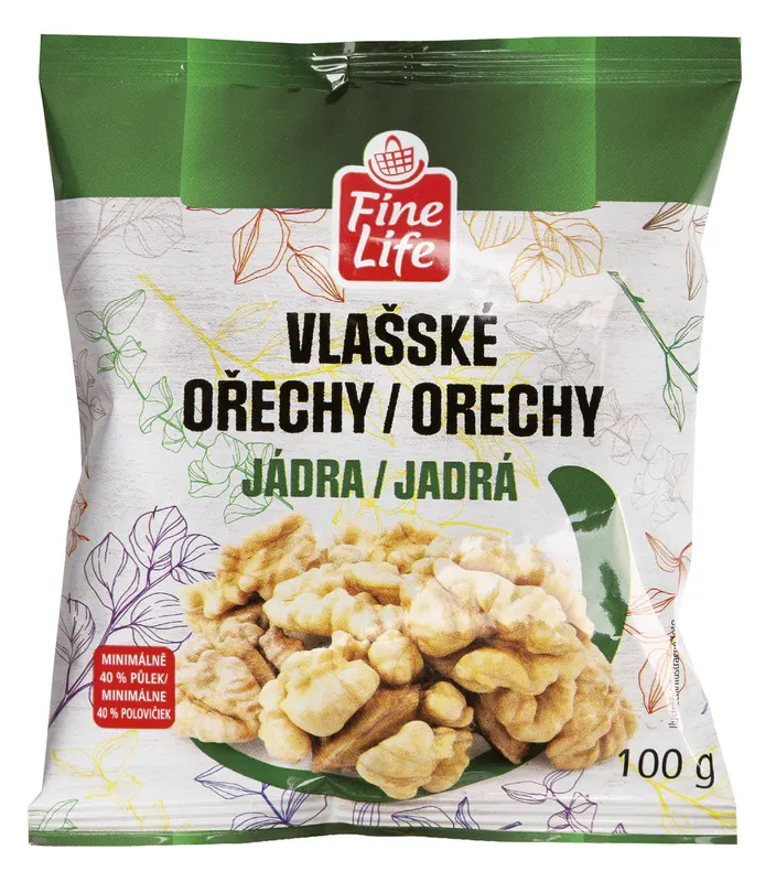 Vlašská jádra FINE LIFE v balení 100 g pro pečení, ořechové krémy a zdobení dortů