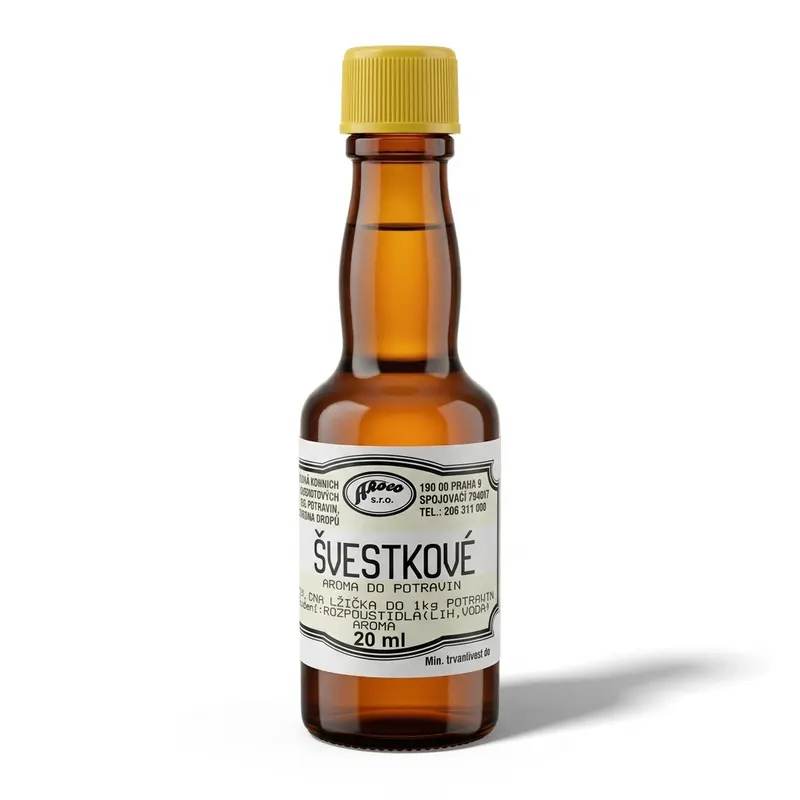 Aroma do potravin Aroco se švestkovou příchutí v malém 20ml balení pro dochucení cukrářských krémů a těst