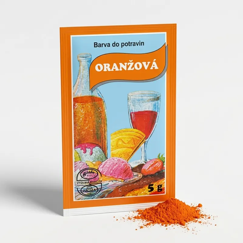 Potravinářská prášková barva Aroco v zářivě oranžovém odstínu na obarvení krémů, těst a polev