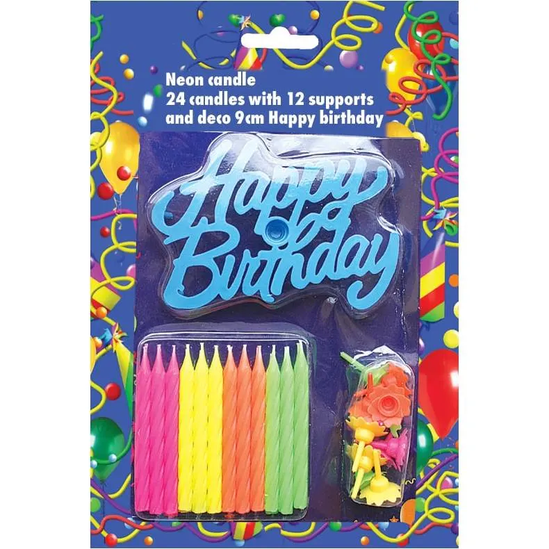 Sada 24 neonových dortových svíček s nápisem Happy Birthday od značky Alvarak