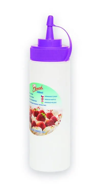 Dávkovací láhev Alvarak o objemu 300 ml s fialovým víčkem pro přesné dávkování tekutin