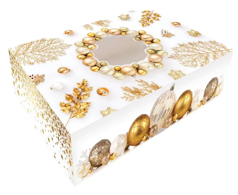 Vánoční krabice na cukroví Alvarak v bílé barvě s ozdobami, průhledným okénkem a rozměrem 23 x 15 x 5 cm