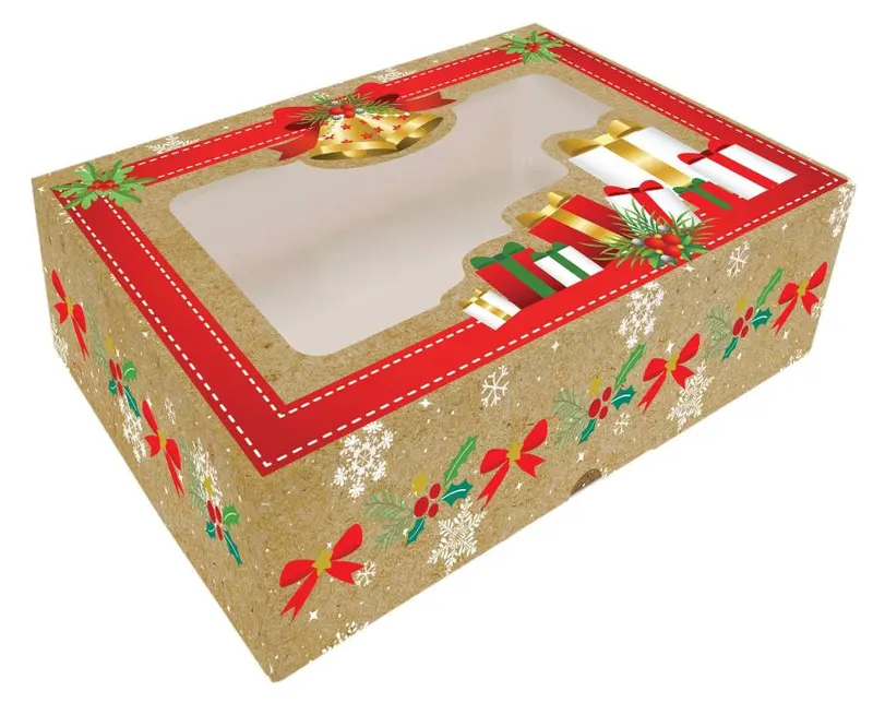 Vánoční krabice na cukroví Alvarak v hnědé barvě s průhledným okénkem a motivem dárků a zvonků, rozměr 23 x 15 x 5 cm