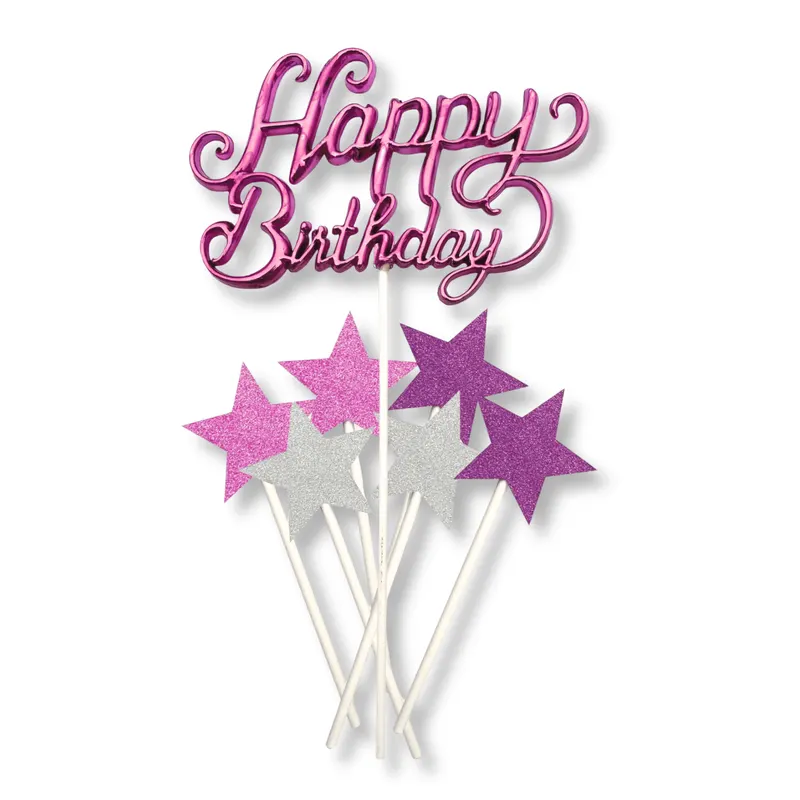 Růžový plastový zápich na dort s nápisem Happy Birthday od značky Alvarak
