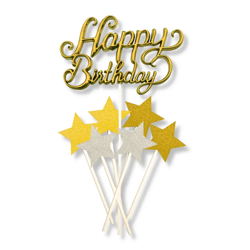 Plastový zápich na dort Happy Birthday ve zlaté barvě od značky Alvarak k ozdobení narozeninových dortů