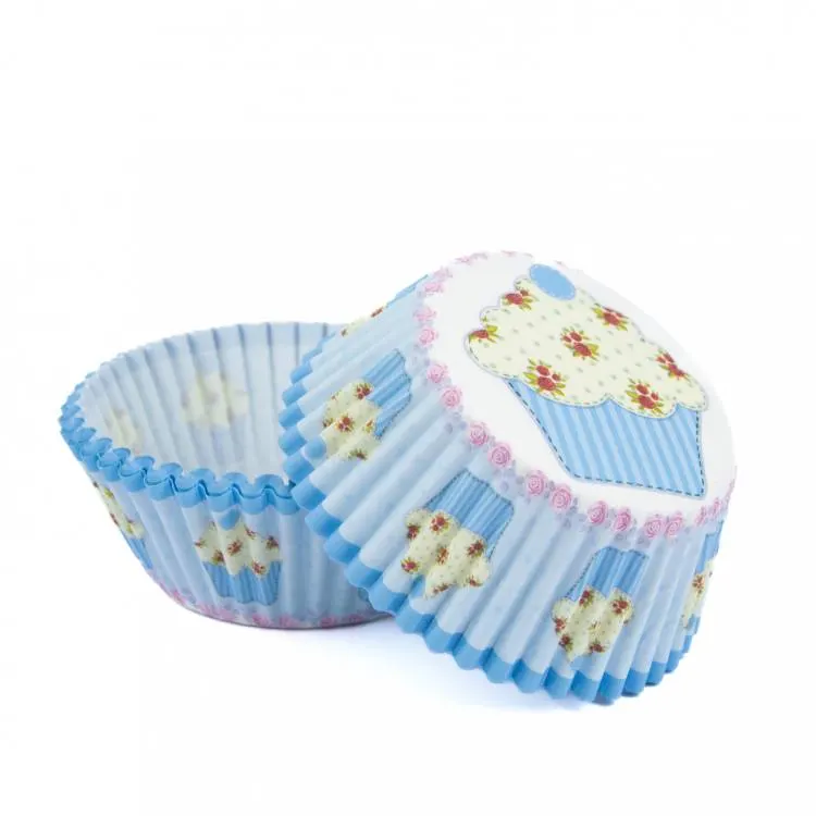 Modré papírové košíčky na muffiny s motivem cupcaků, balení 50 ks od značky Alvarak