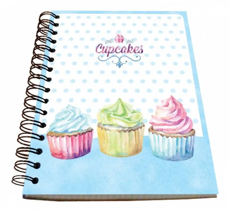 Spirálový blok formátu A5 s motivem cupcakes od značky Alvarak pro zapisování receptů a nápadů na zdobení