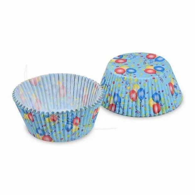 Modré papírové košíčky na muffiny s motivem balónků, 5 x 3 cm, balení 40 kusů