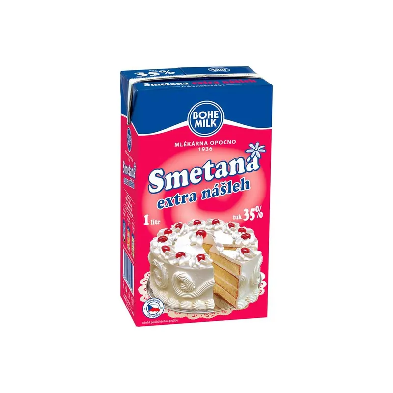 Smetana na šlehání BOHEMILK s 35% tuku v litrovém balení, vhodná na šlehačku a krémy do dortů