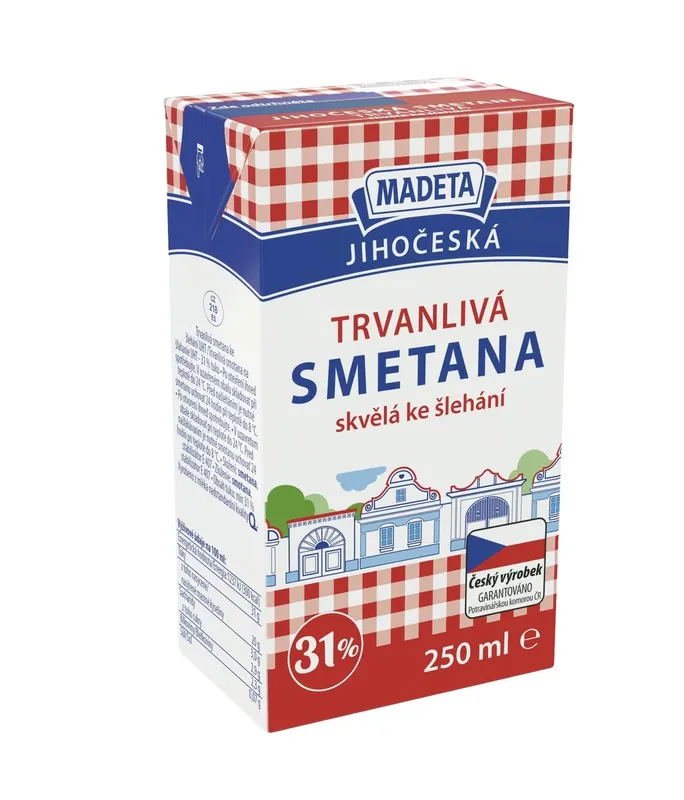 MADETA Jihočeská smetana ke šlehání 31 % tuku v balení 250 ml, trvanlivá UHT smetana na dorty a dezerty