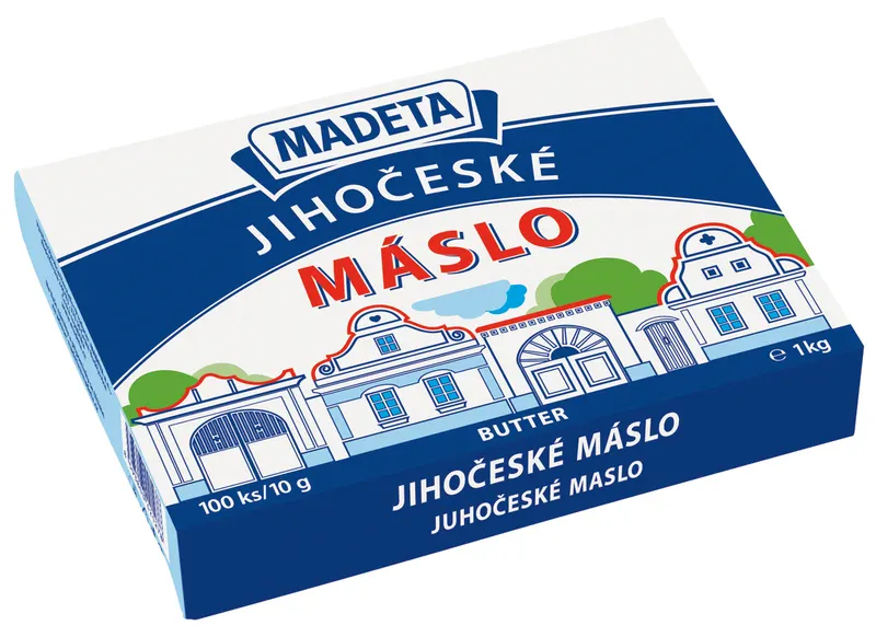 Jihočeské máslo Madeta s obsahem tuku 82 % v porcích po 10 g pro pečení a přípravu krémů