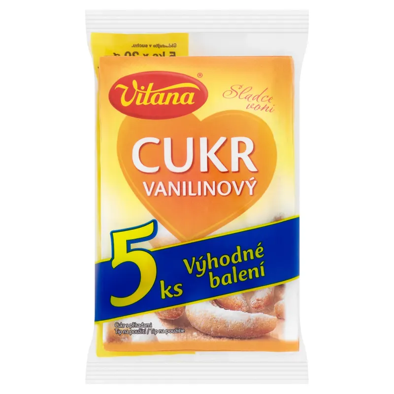 Vitana vanilínový cukr v pěti sáčcích po 20 g, vhodný k vonění kynutých a třených těst, krémů a zmrzlin