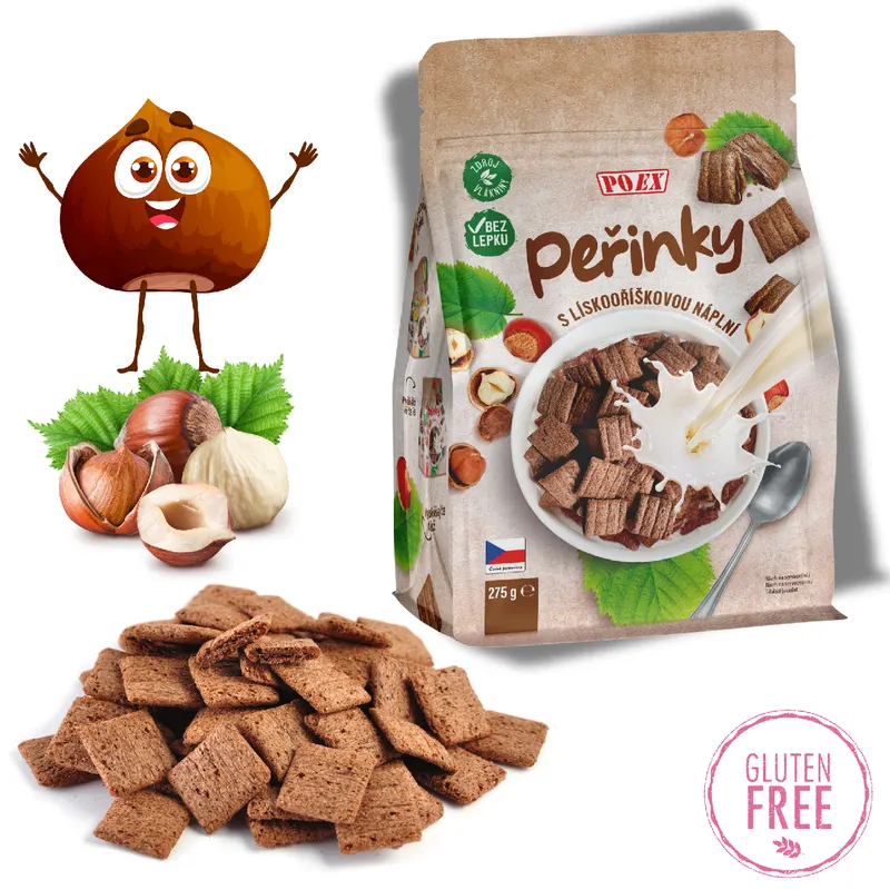 Křupavé kukuřičné peřinky plněné lískooříškovou náplní od značky POEX v balení 275 g
