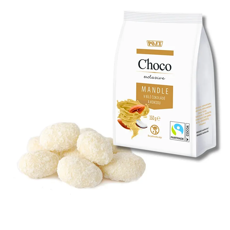 Pražené mandle v bílé čokoládě s kokosem od značky POEX, balení 150 g