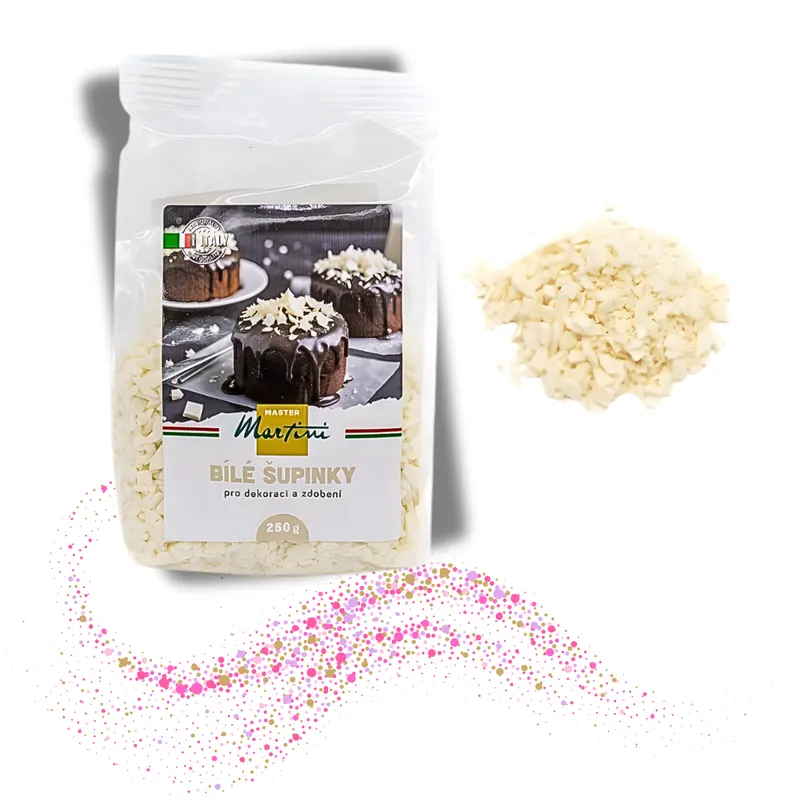 Bílé čokoládové šupiny Master Martini na zdobení dortů a cukroví, vločky o velikosti 0,3 až 1 cm, balení 250 g