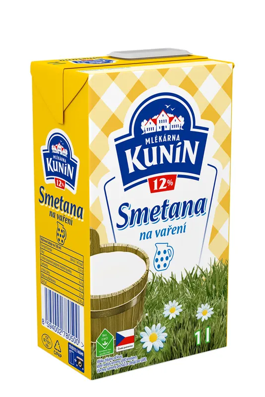 Trvanlivá smetana na vaření Kunín 12 % v kartonu čtyř jednolitrových balení