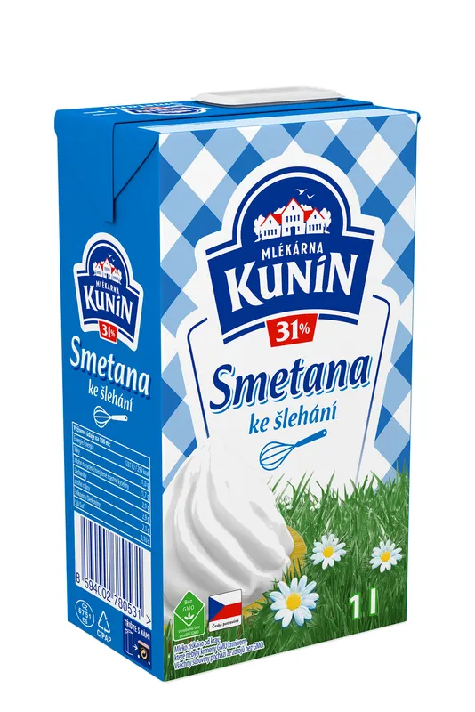 Smetana ke šlehání Mlékárna Kunín s 31% obsahem tuku v balení 4 x 1 l pro dorty a dezerty