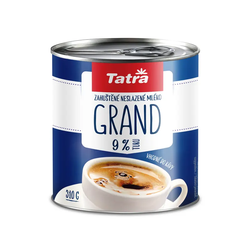 Zahuštěné neslazené mléko Tatra Grand s 9% tukem v plechovce pro krémy, omáčky a kávu