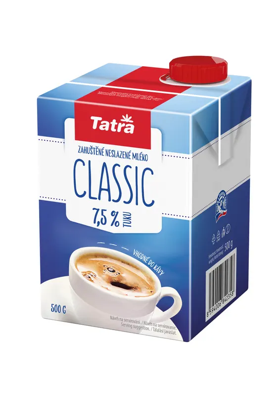 Tatra Classic neslazené zahuštěné mléko 7,5 % tuku v konzervě 500 g pro pečení a vaření