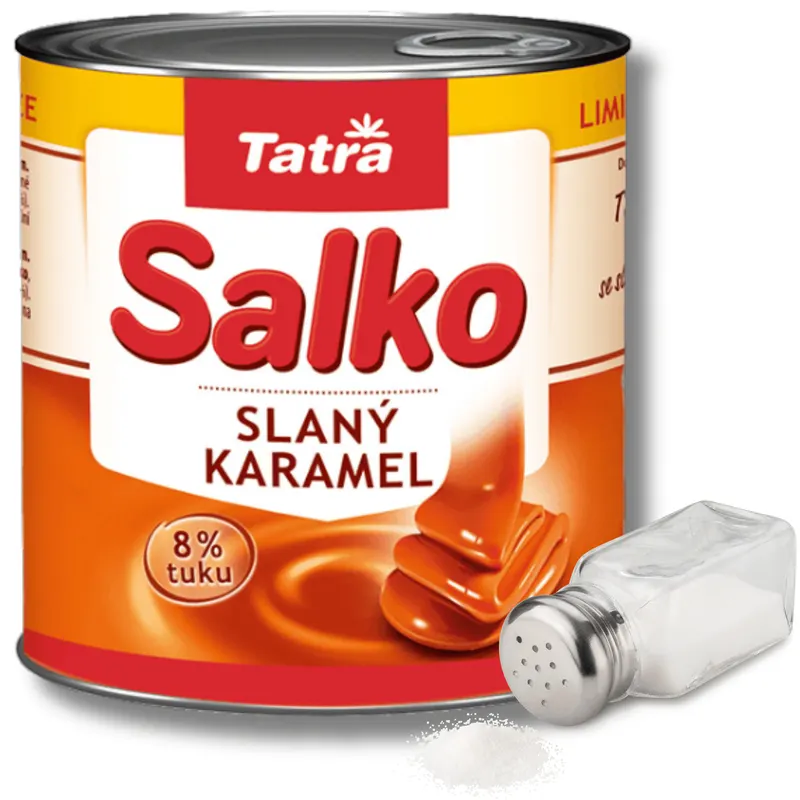 Slazené mléko Salko s příchutí slaného karamelu od Mlékárny Hlinsko, limitovaná edice v 397g plechovce pro cukrářské krémy a polevy