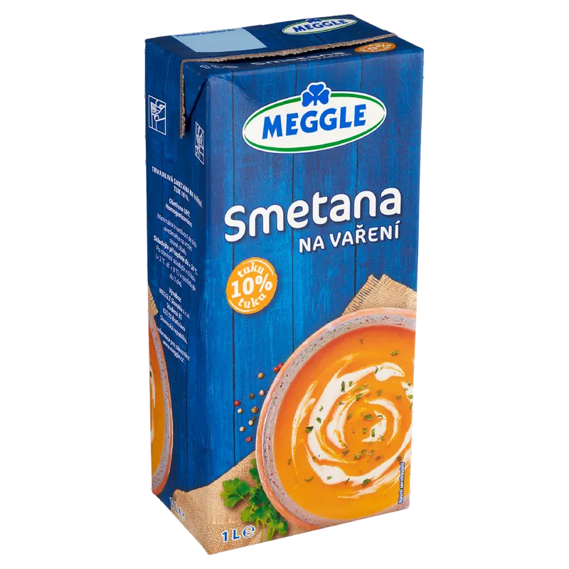 Smetana na vaření MEGGLE s 10% tuku v litrovém balení, vhodná k zjemnění omáček, polévek a slaných pokrmů