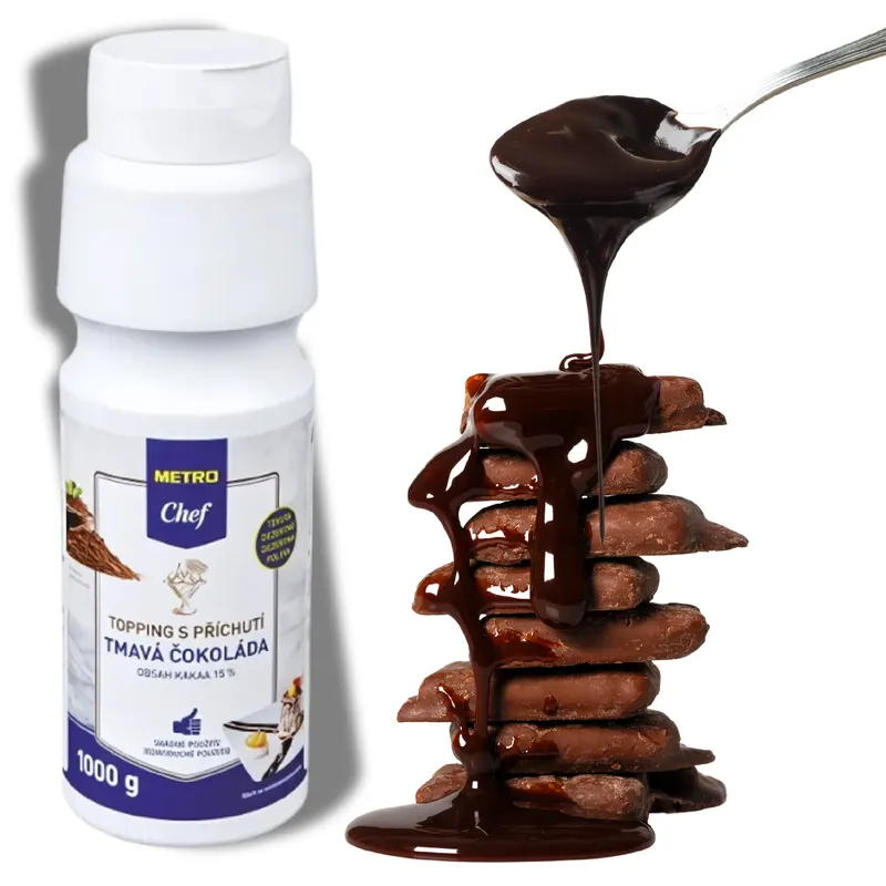 Cukrářský topping z tmavé čokolády s kondenzovaným mlékem v balení 1 kg k polevování dortů a dezertů