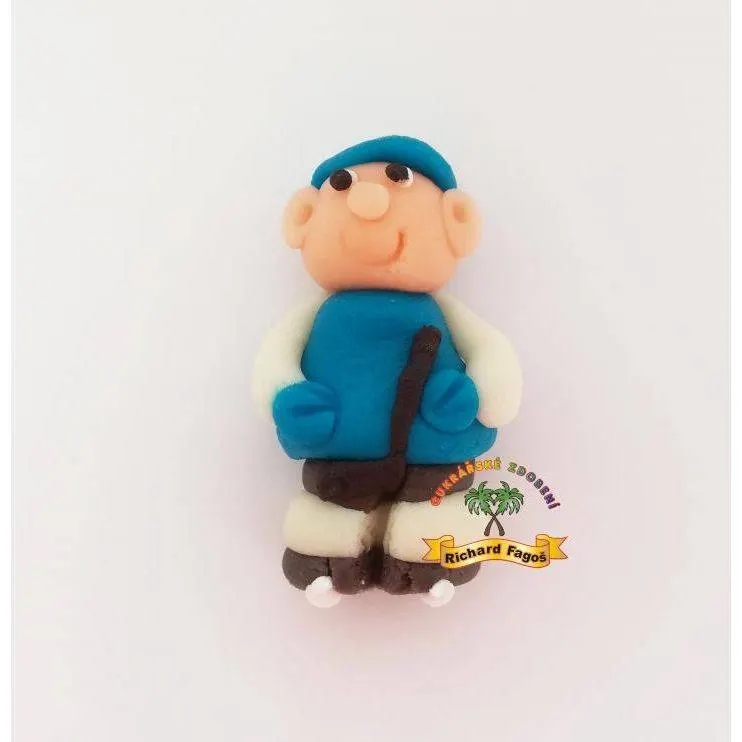 Figurka hokejisty v modrém dresu z kokosové hmoty na dort, značka Fagoš, výška 6 cm