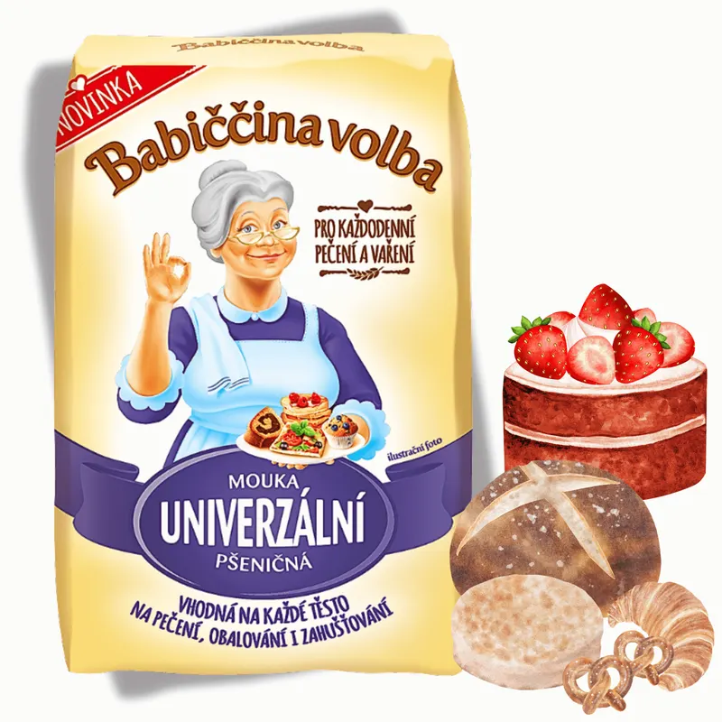 Univerzální pšeničná mouka Babiččina volba od značky GoodMills v balení 1 kg vhodná k pečení koláčů, litého těsta i zahušťování omáček