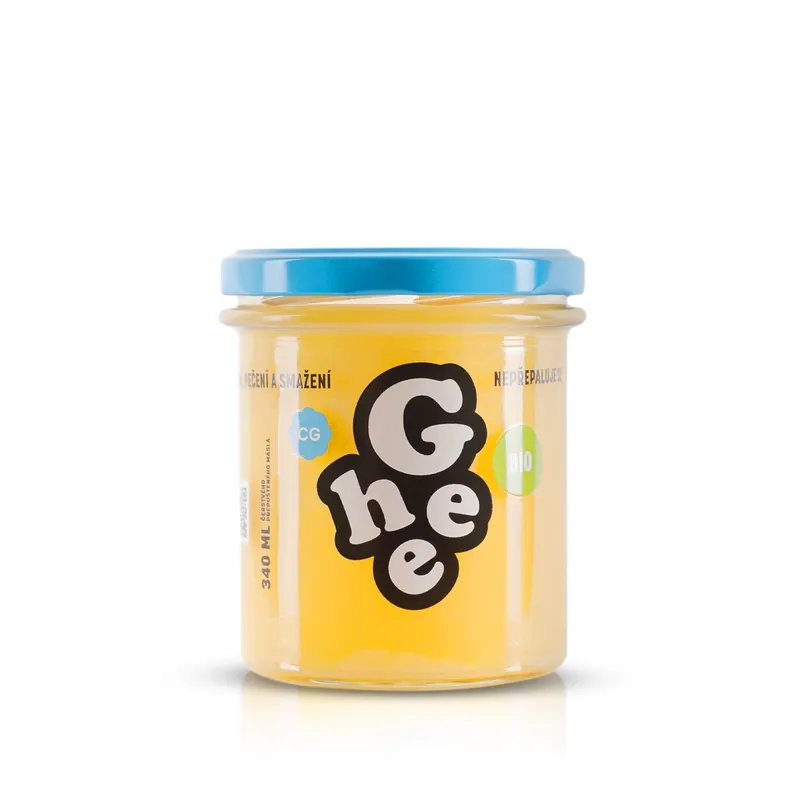 Přepuštěné máslo ghí BIO v chlazeném balení o hmotnosti 270 g s oříškovou vůní vhodné na smažení a pečení