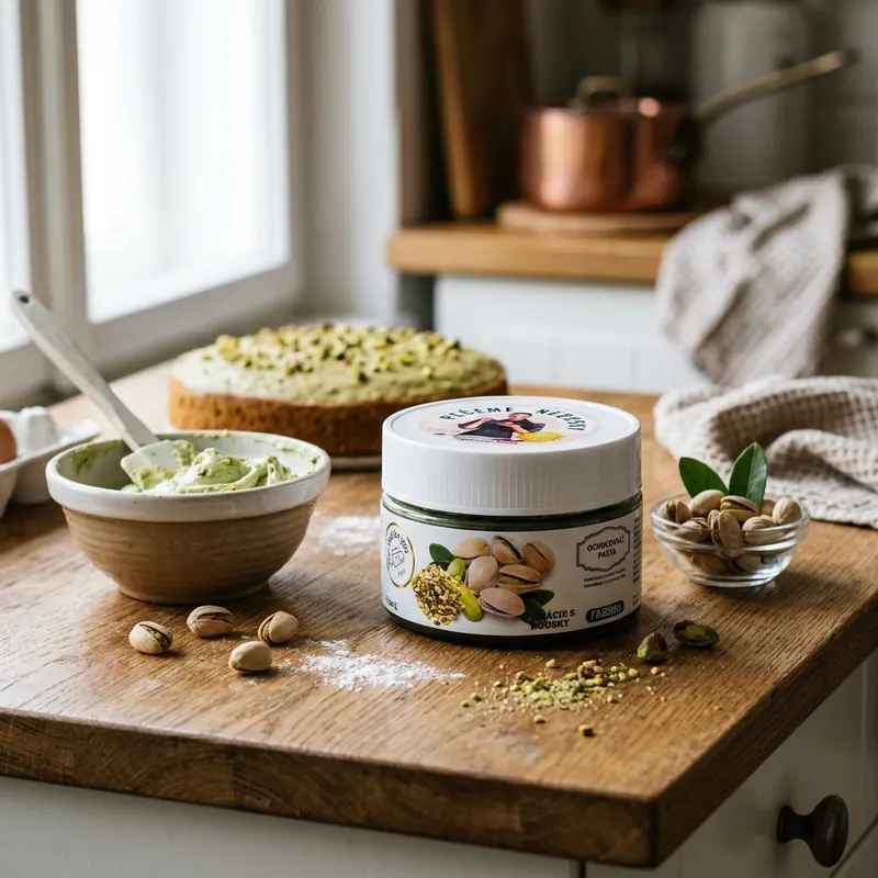 Ochucovací pasta Fabbri s pistáciovou příchutí a kousky ořechů na ochucení krémů a dezertů, balení 200 g