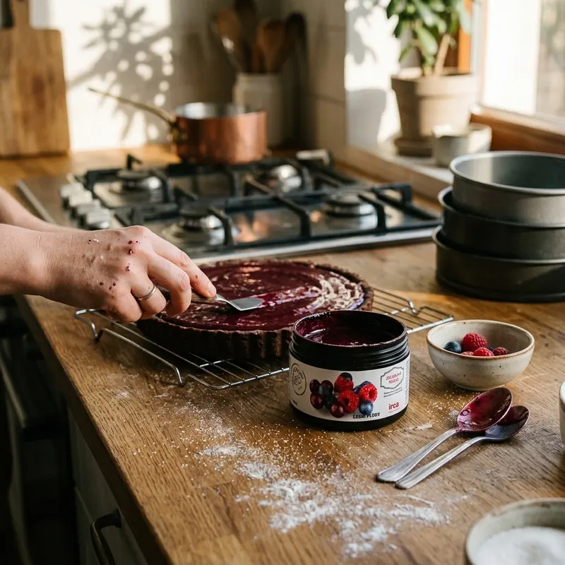 Zrcadlová lesklá poleva IRCA s příchutí lesních plodů v balení 250 g k zdobení dortů