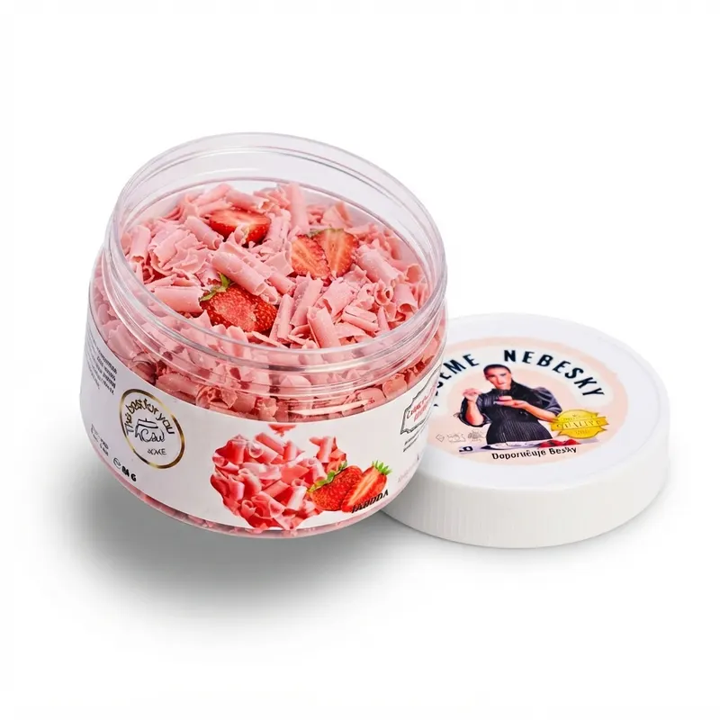 Jahodové čokoládové hobliny 4Cake na zdobení dortů a dezertů, balení 80 g