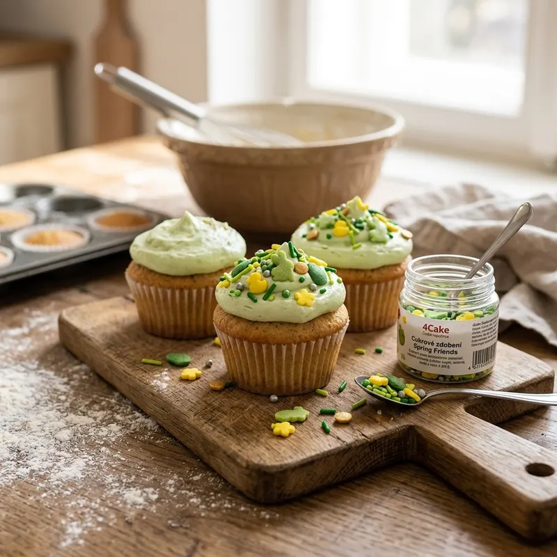 Cukrové zdobení 4Cake Spring Friends v žluté a zelené barvě, 70 g, na dorty a cupcakes