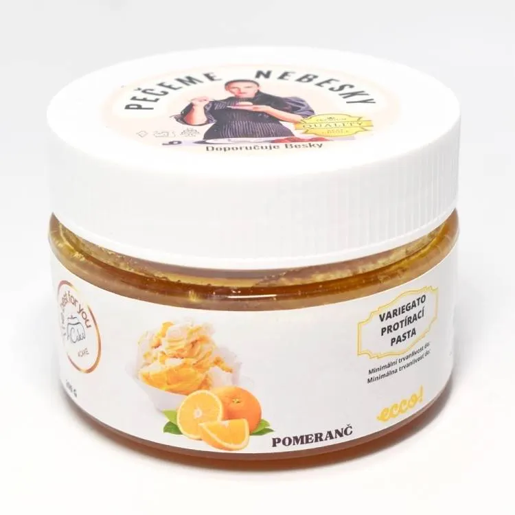 Ecco! variegato protírací pasta s pomerančovou příchutí v dóze 200 g pro ochucení dortů, krémů a zmrzliny
