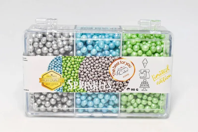 Perleťové cukrářské perličky 5 mm v modré, zelené a stříbrné barvě pro zdobení dortů a zákusků, balení 90 g od značky 4Cake