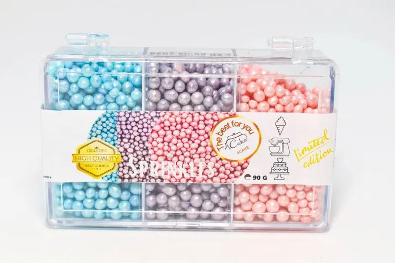 Cukrovo-rýžové perly 4Cake v modré, fialové a růžové barvě s perleťovým leskem, průměr 5 mm, na zdobení dortů a cukrářských výrobků