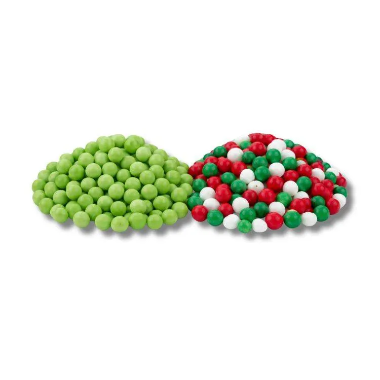 Cukrové perly SweetArt o průměru 7 mm v zelené a červené barvě na vánoční zdobení dortů a cukroví, balení 120 g