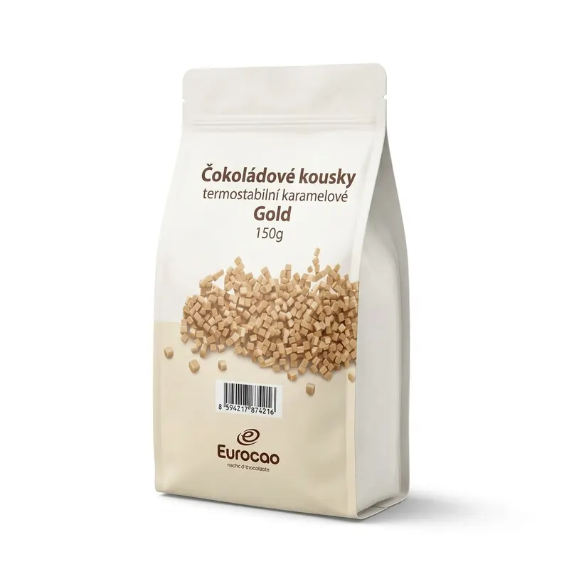 Termostabilní karamelové čokoládové kousky Gold v balení 150 g pro pečení muffinů, koláčů a dortů