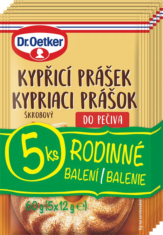 Kypřicí prášek Dr. Oetker v pěti sáčcích po 12 g, vhodný pro pečení lehkých korpusů a dortů
