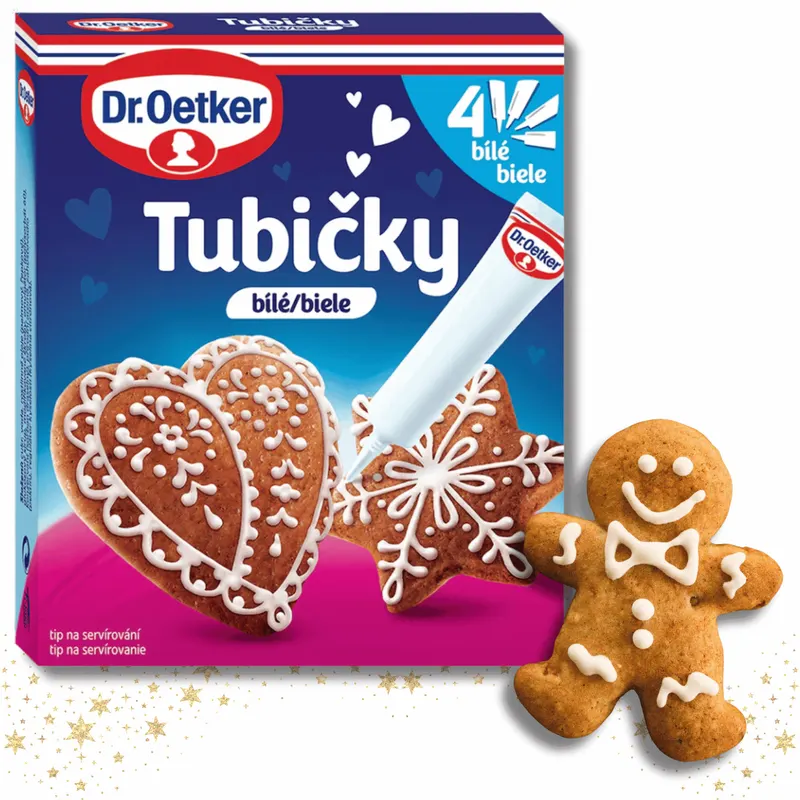Bílá zdobicí poleva Dr. Oetker v tubičce na perníčky a dorty, vhodná k psaní nápisů a kreslení linek