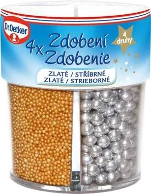 Cukrové zdobení Dr. Oetker ve čtyřech druzích, zlaté a stříbrné kuličky a perličky na dekoraci dortů a cukroví