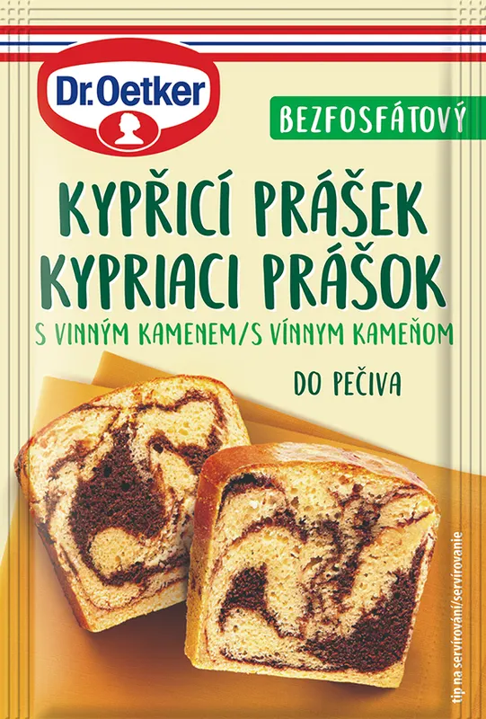 Kypřící prášek s vinným kamenem Dr. Oetker v balení 15 g pro nadýchání sladkého i slaného těsta
