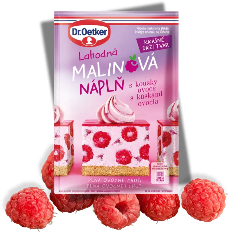 Malinová smetanová náplň Dr. Oetker v sáčku 50 g pro šlehání krému s kousky ovoce na dorty a zákusky