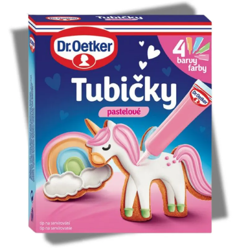 Dr. Oetker tubičky na zdobení v pastelových barvách, čtyři kusy po 19 g pro kreslení linek a psaní nápisů na dorty