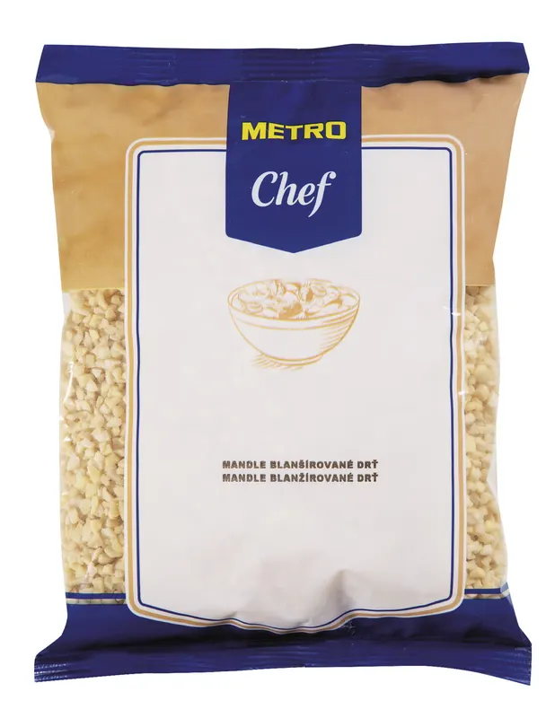 Blanšírovaná mandlová drť METRO Chef v balení 500 g vhodná do těst, krémů a jako posypka dortů